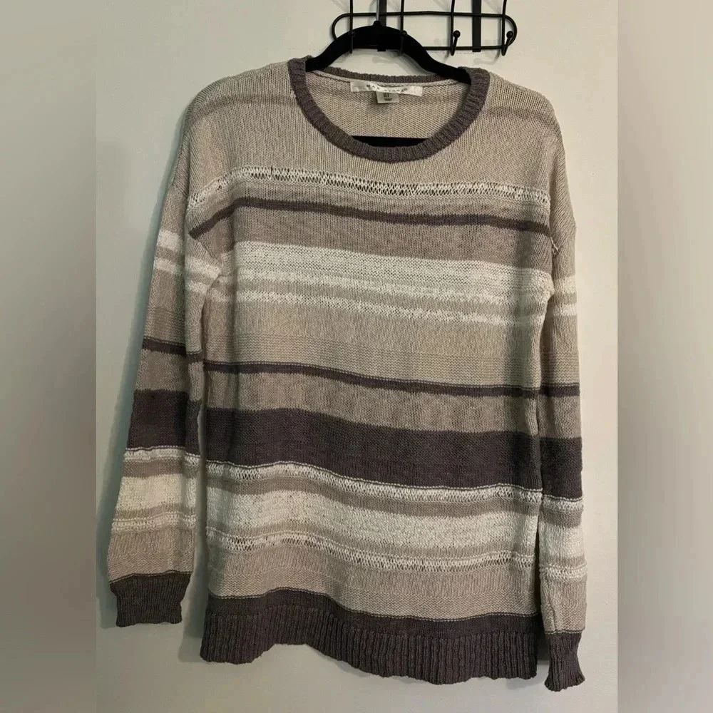 Max Studio Womens Long Sleeve Gray White Striped Sweater Cotton Blend Size Small